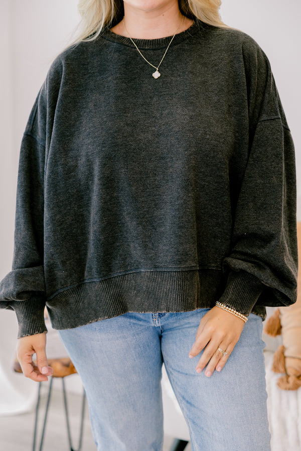 Chic Soul plus size clothing, acid wash black long sleeve slightly cropped pullover