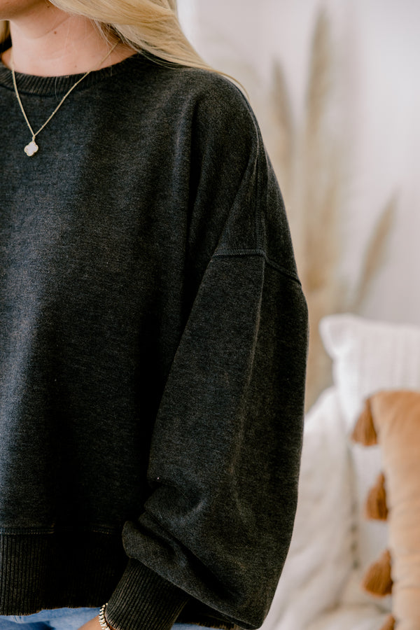 Chic Soul plus size clothing, acid wash black long sleeve slightly cropped pullover