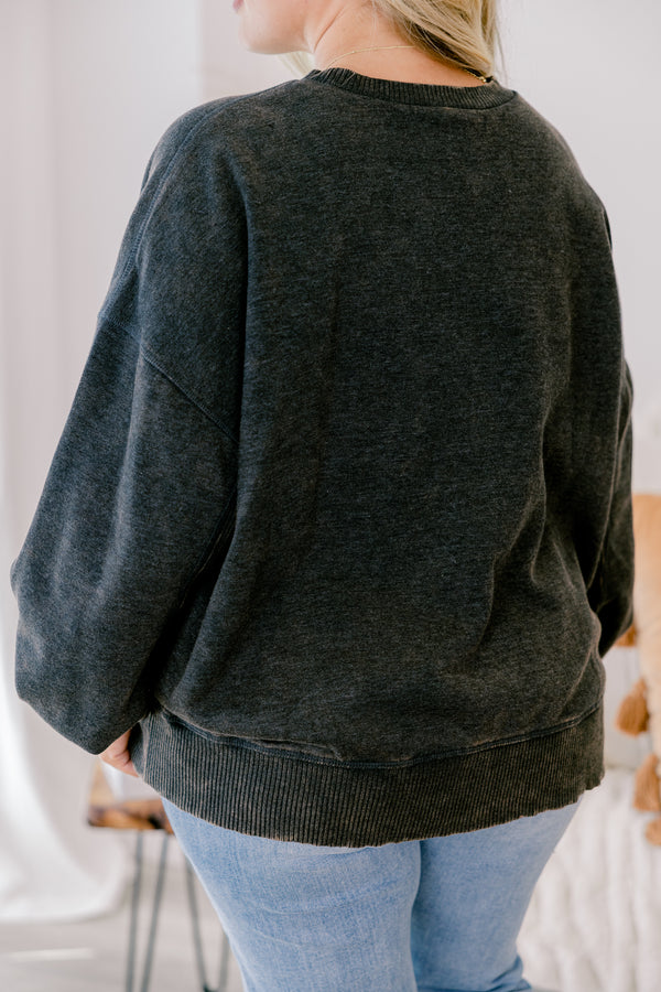 Chic Soul plus size clothing, acid wash black long sleeve slightly cropped pullover