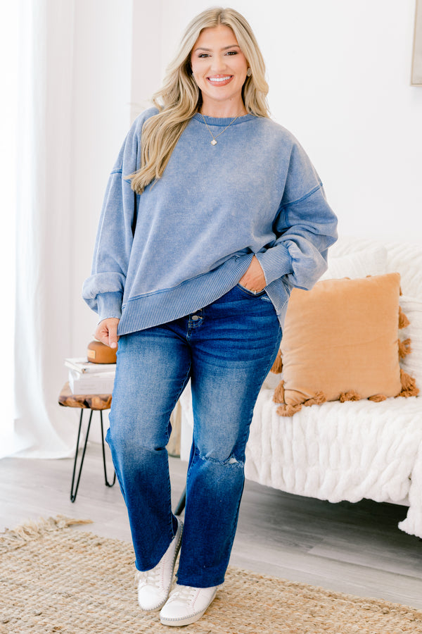 Chic Soul plus size clothing, dusty blue long sleeve pullover with cinched sleeves at the wrist and a loose waistband 