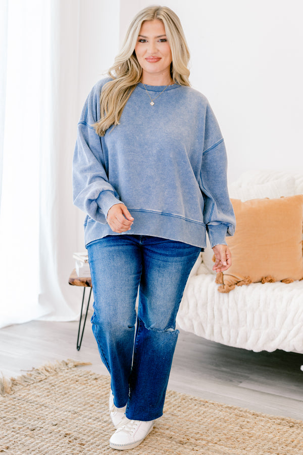 Chic Soul plus size clothing, dusty blue long sleeve pullover with cinched sleeves at the wrist and a loose waistband 