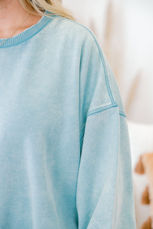Chic Soul plus size clothing, light blue long sleeve slightly cropped sweatshirt pullover
