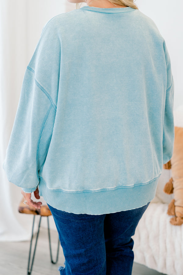 Chic Soul plus size clothing, light blue long sleeve slightly cropped sweatshirt pullover
