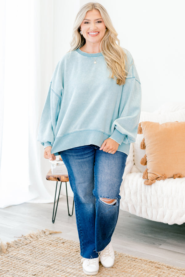Chic Soul plus size clothing, light blue long sleeve slightly cropped sweatshirt pullover