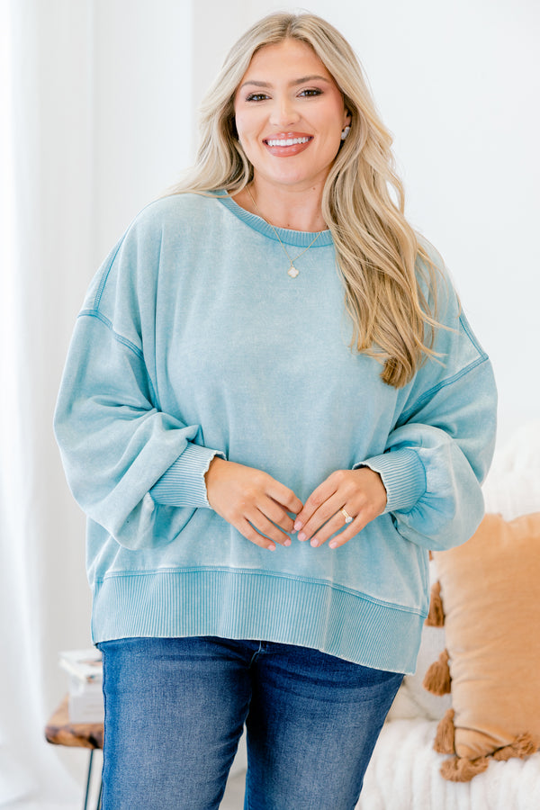 Chic Soul plus size clothing, light blue long sleeve slightly cropped sweatshirt pullover