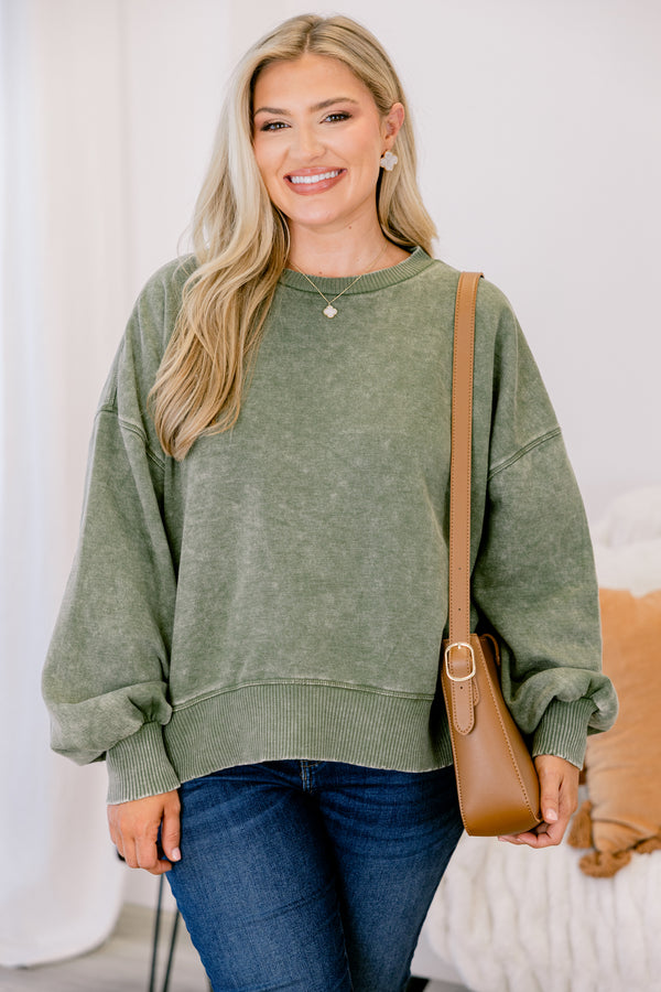 Chic Soul plus size clothing, light olive acid washed pullover with long bubble sleeves 