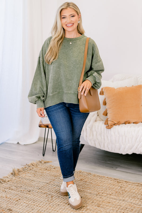 Chic Soul plus size clothing, light olive acid washed pullover with long bubble sleeves 