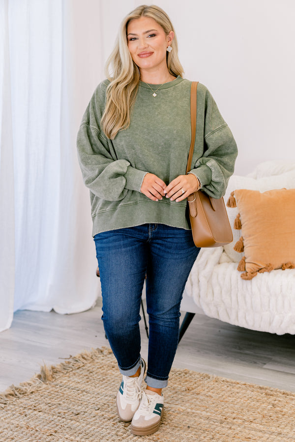 Chic Soul plus size clothing, light olive acid washed pullover with long bubble sleeves 
