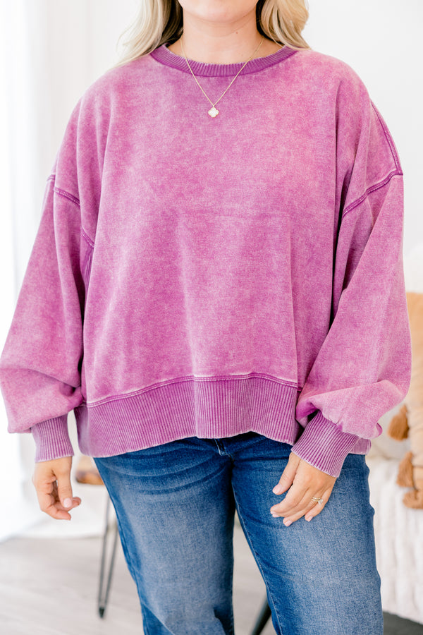 Chic Soul plus size clothing, acid wash purple long sleeve pullover with sinched sleeves and boxy hem and slightly cropped fit