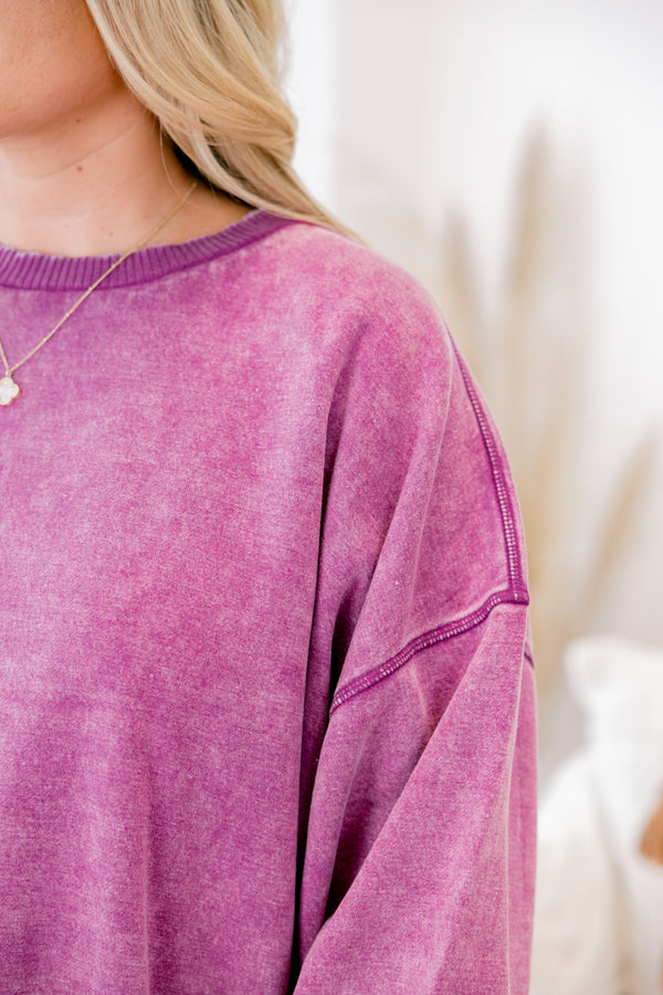 Chic Soul plus size clothing, acid wash purple long sleeve pullover with sinched sleeves and boxy hem and slightly cropped fit