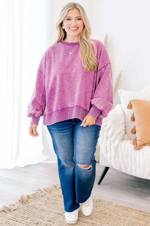 Chic Soul plus size clothing, acid wash purple long sleeve pullover with sinched sleeves and boxy hem and slightly cropped fit