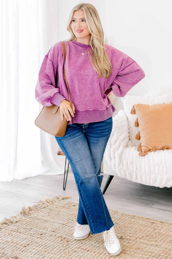 Chic Soul plus size clothing, acid wash purple long sleeve pullover with sinched sleeves and boxy hem and slightly cropped fit