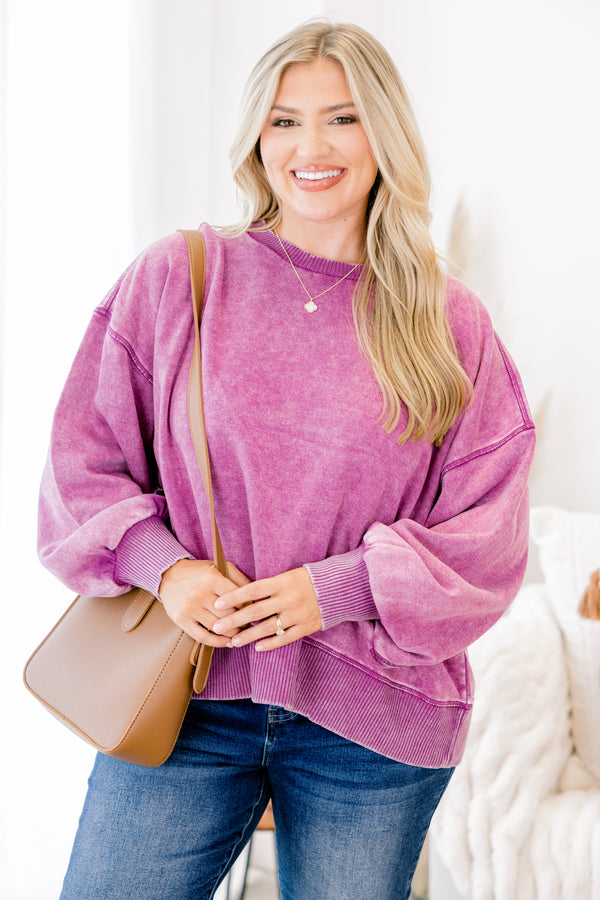Chic Soul plus size clothing, acid wash purple long sleeve pullover with sinched sleeves and boxy hem and slightly cropped fit