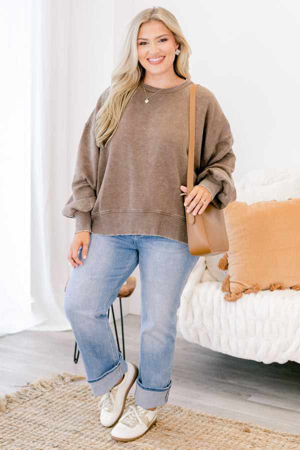 Chic Soul plus size clothing, mocha colored long sleeve pullover 