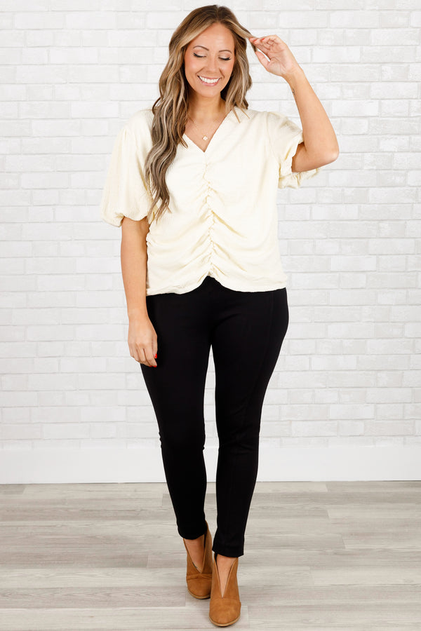 Chic Soul plus size clothing, ivory ruched top with bubble sleeves and a v neckline