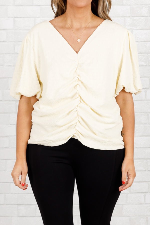 Chic Soul plus size clothing, ivory ruched top with bubble sleeves and a v neckline