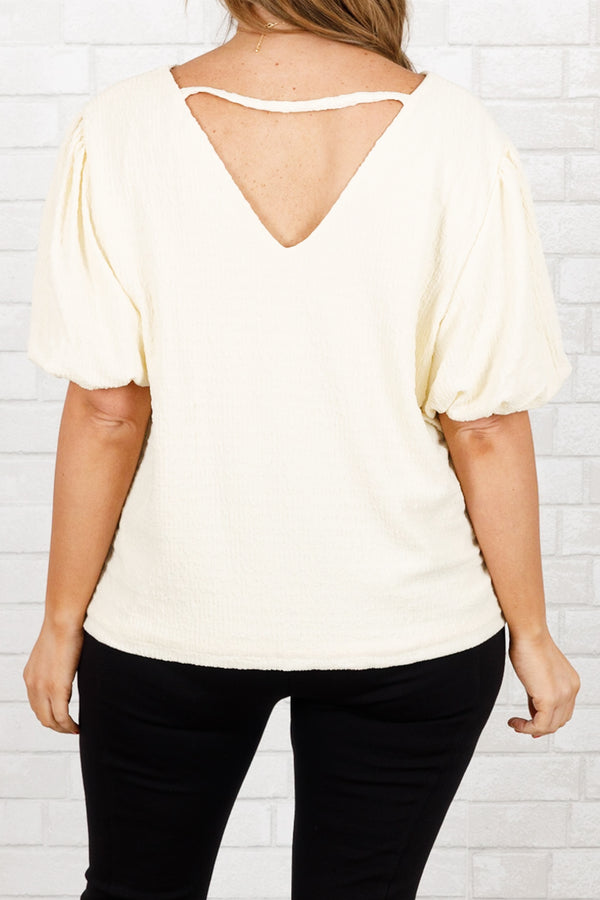 Chic Soul plus size clothing, ivory ruched top with bubble sleeves and a v neckline