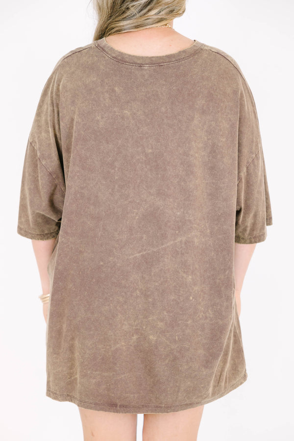 Plus Size mahogany acid wash relaxed tee with a checkered smiley face graphic and black shorts.
