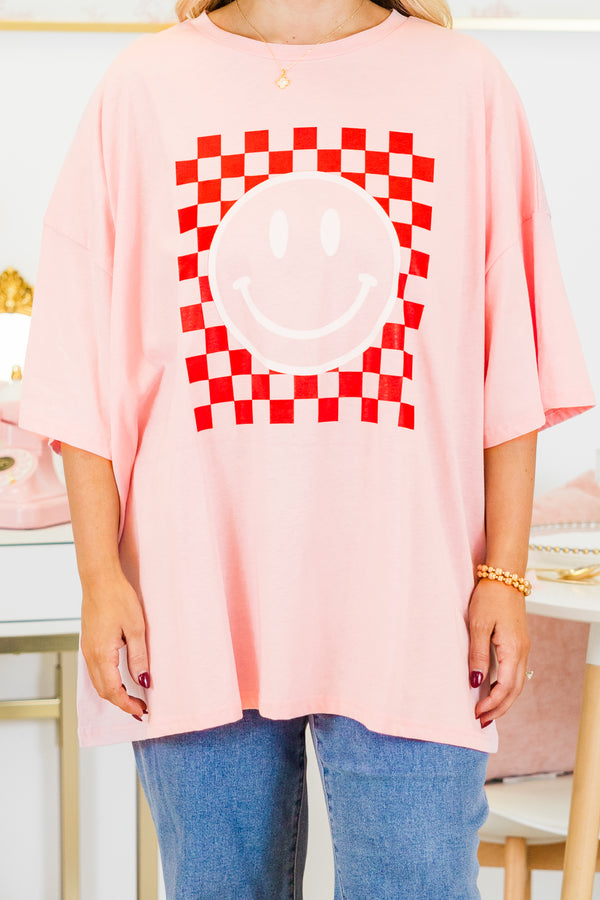 Chic Soul plus size clothing, dusty pink oversized boyfriend tee with checkered pattern smiley face graphic