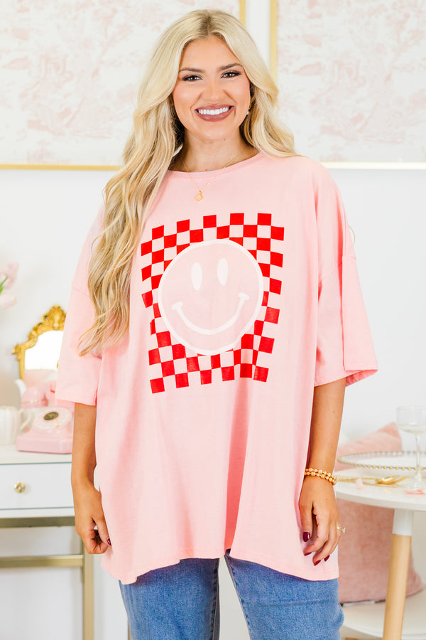 Chic Soul plus size clothing, dusty pink oversized boyfriend tee with checkered pattern smiley face graphic