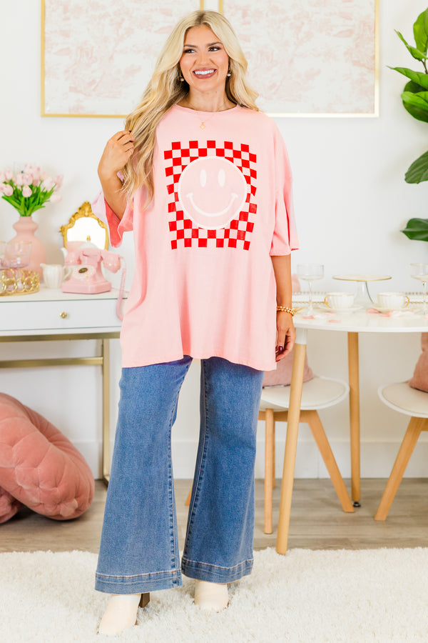 Chic Soul plus size clothing, dusty pink oversized boyfriend tee with checkered pattern smiley face graphic