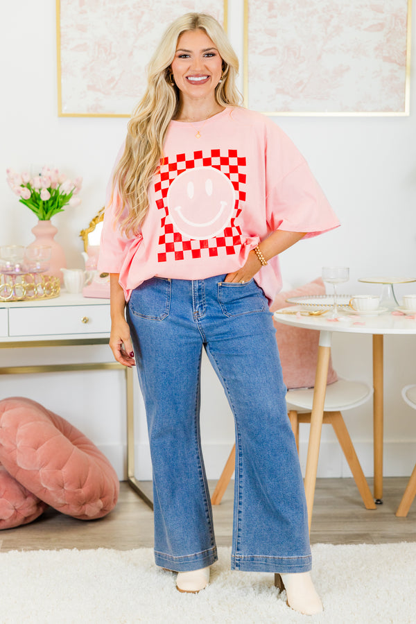 Chic Soul plus size clothing, dusty pink oversized boyfriend tee with checkered pattern smiley face graphic