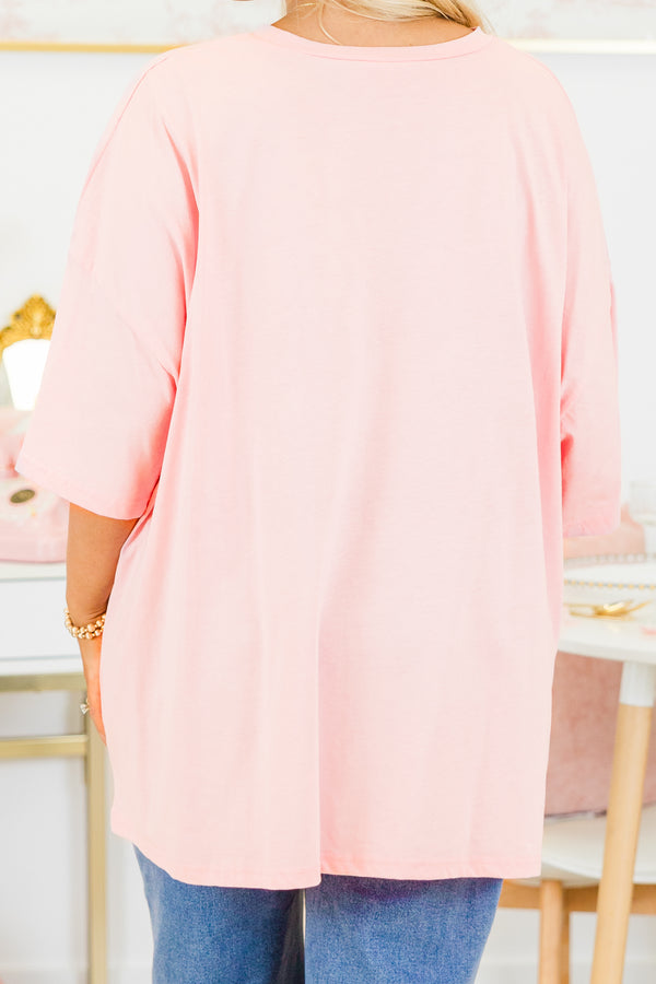 Chic Soul plus size clothing, dusty pink oversized boyfriend tee with checkered pattern smiley face graphic