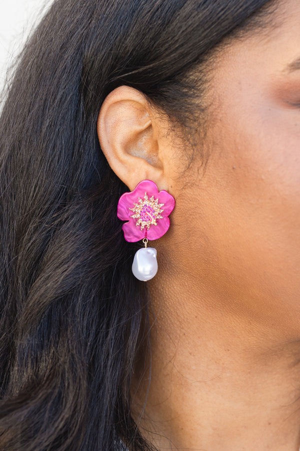 Chic Soul plus size clothing, bright pink flower earring with pearl drop down 