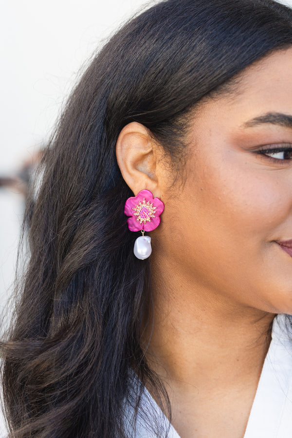 Chic Soul plus size clothing, bright pink flower earring with pearl drop down 
