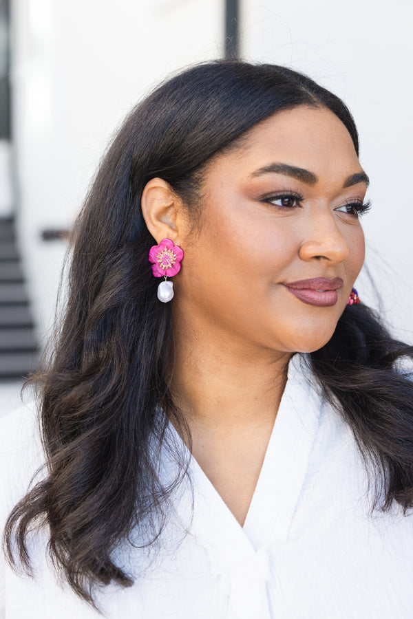 Chic Soul plus size clothing, bright pink flower earring with pearl drop down 