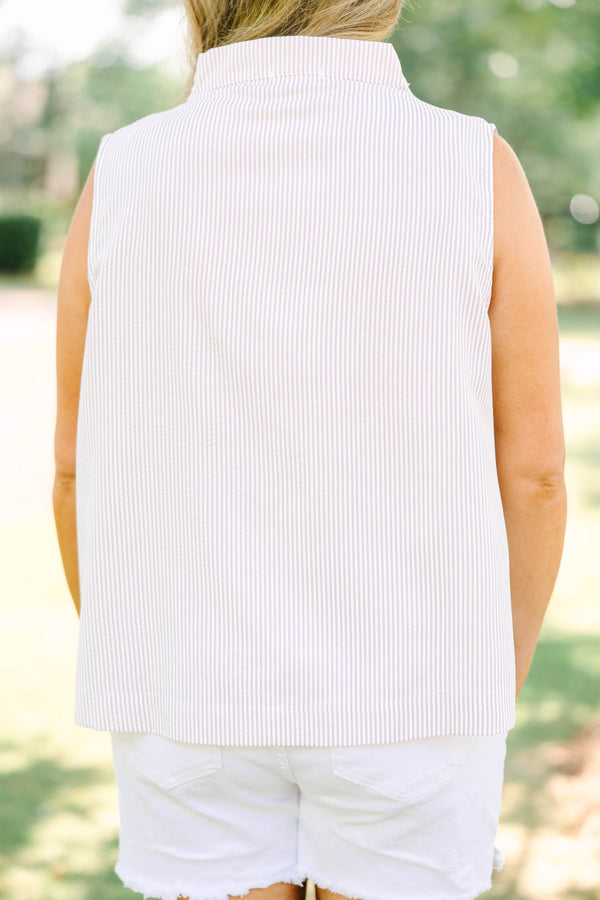 Plus Size lavender and white pinstripe sleeveless tank with a split neckline and white denim shorts.