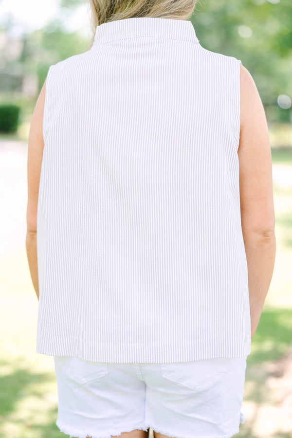 Plus Size lavender and white pinstripe sleeveless tank with a split neckline and white denim shorts.