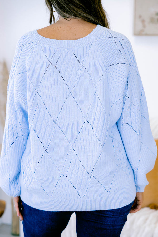 Chic Soul plus size clothing, long sleeve blue knit sweater with round neckline and cuff sleeves with diamond pattern stitching