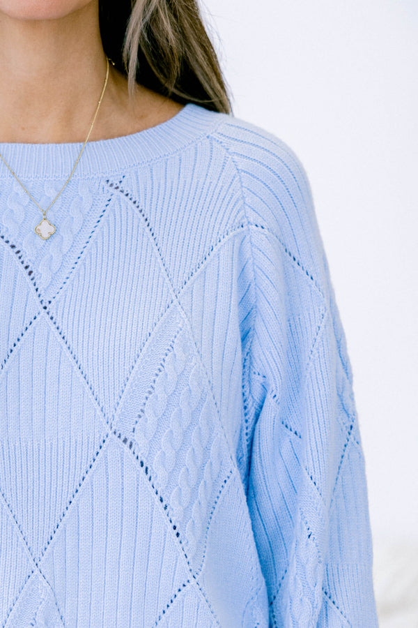 Chic Soul plus size clothing, long sleeve blue knit sweater with round neckline and cuff sleeves with diamond pattern stitching