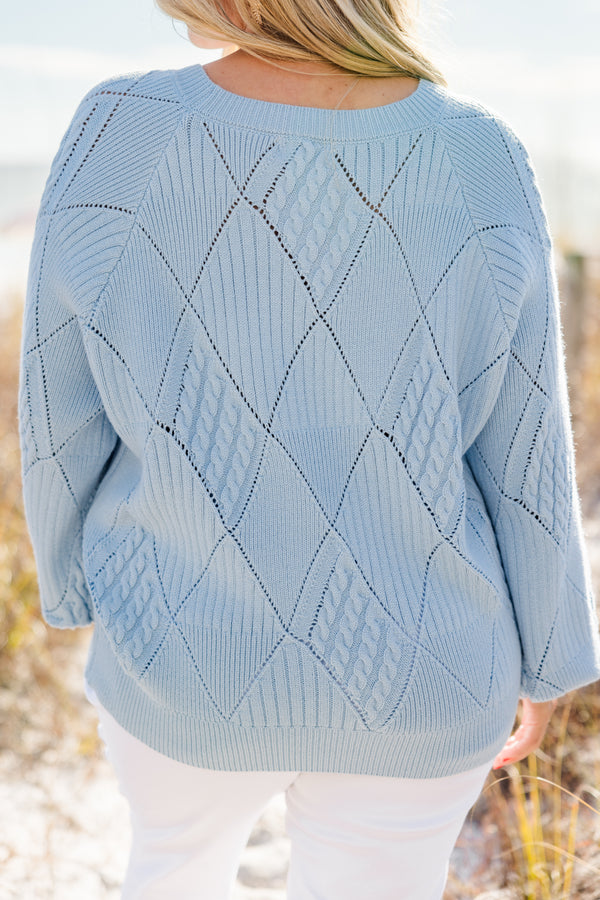 Chic Soul plus size clothing, long sleeve blue knit sweater with round neckline and cuff sleeves with diamond pattern stitching