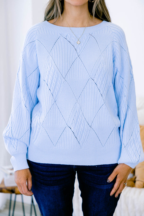 Chic Soul plus size clothing, long sleeve blue knit sweater with round neckline and cuff sleeves with diamond pattern stitching