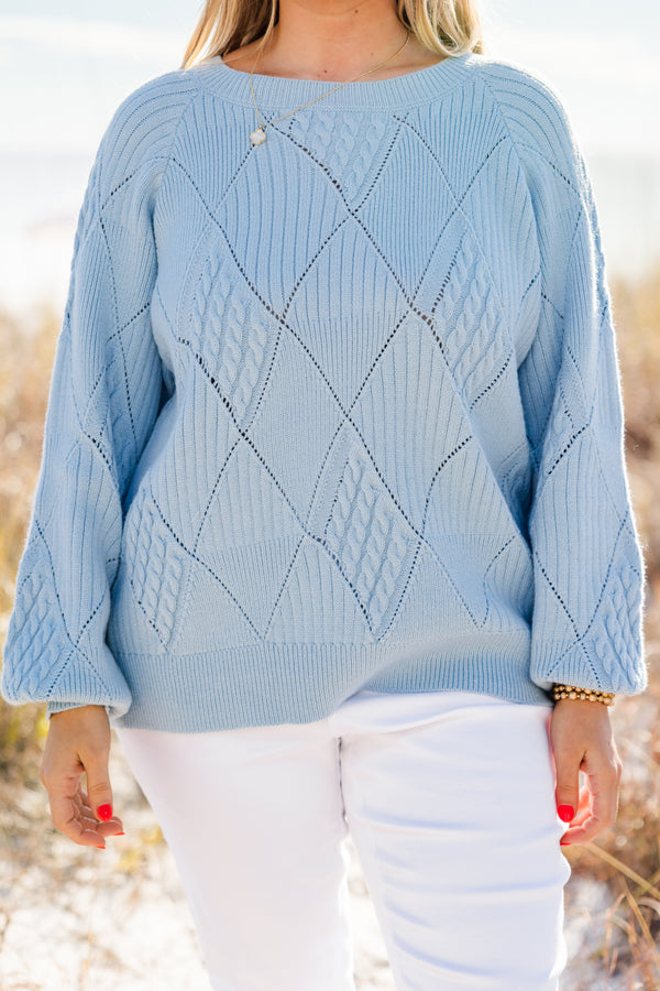 Chic Soul plus size clothing, long sleeve blue knit sweater with round neckline and cuff sleeves with diamond pattern stitching