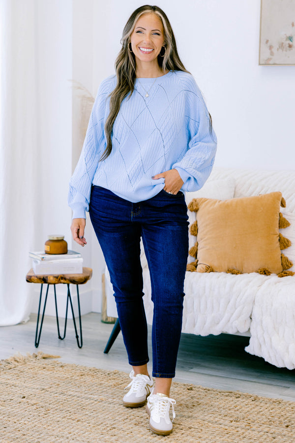 Chic Soul plus size clothing, long sleeve blue knit sweater with round neckline and cuff sleeves with diamond pattern stitching