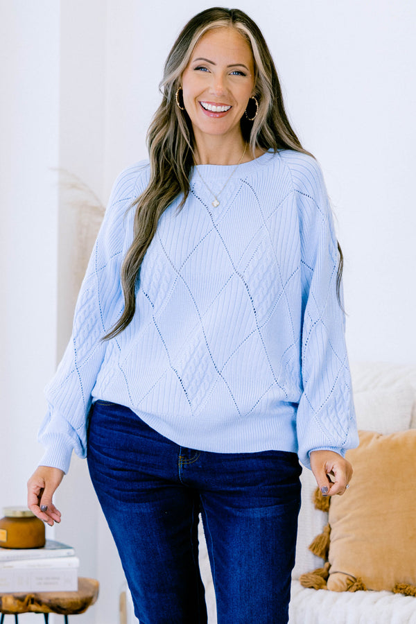 Chic Soul plus size clothing, long sleeve blue knit sweater with round neckline and cuff sleeves with diamond pattern stitching