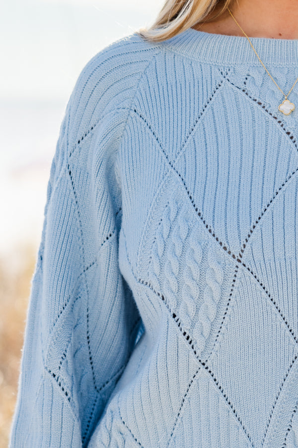 Chic Soul plus size clothing, long sleeve blue knit sweater with round neckline and cuff sleeves with diamond pattern stitching