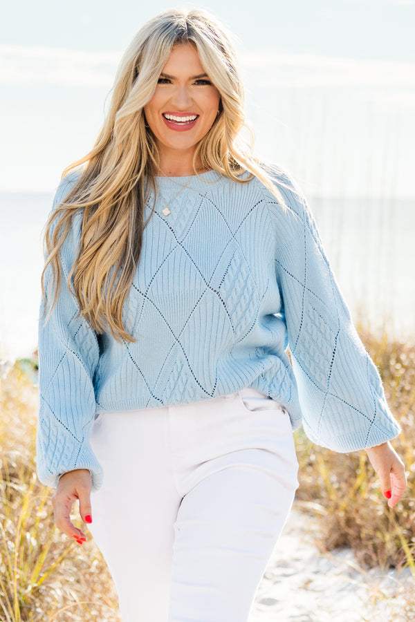 Chic Soul plus size clothing, long sleeve blue knit sweater with round neckline and cuff sleeves with diamond pattern stitching