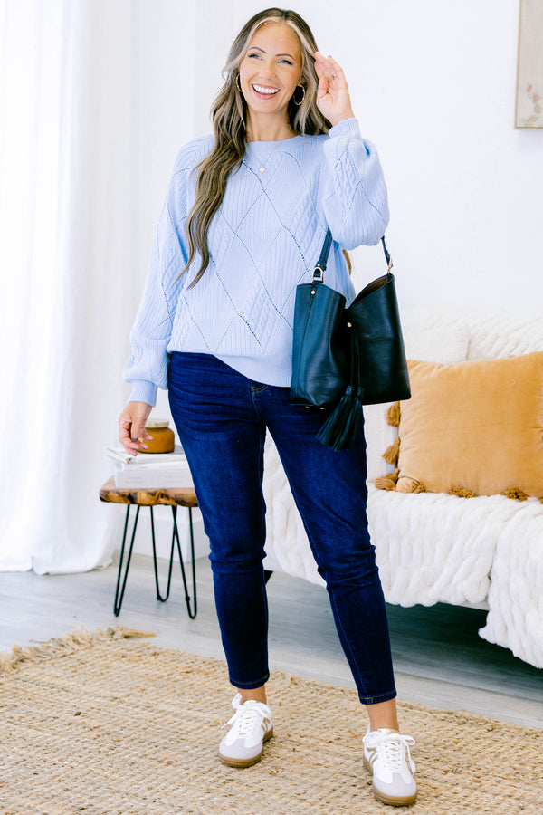 Chic Soul plus size clothing, long sleeve blue knit sweater with round neckline and cuff sleeves with diamond pattern stitching