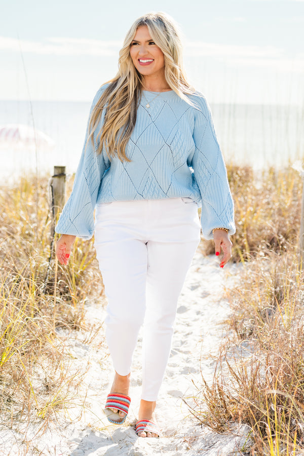 Chic Soul plus size clothing, long sleeve blue knit sweater with round neckline and cuff sleeves with diamond pattern stitching