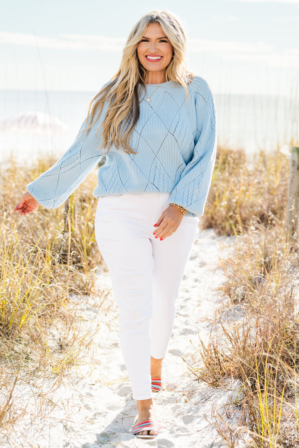 Chic Soul plus size clothing, long sleeve blue knit sweater with round neckline and cuff sleeves with diamond pattern stitching