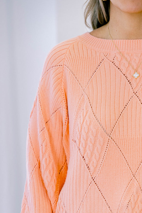 Chic Soul plus size clothing, peach knit long sleeve sweater with diamon stitching patter with bubble sleeves