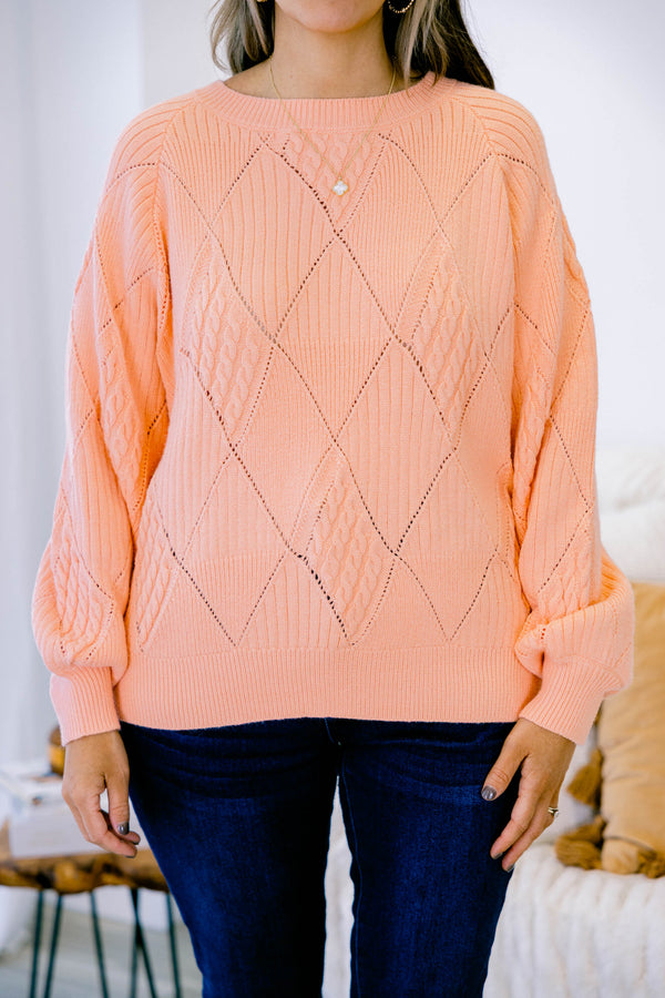 Chic Soul plus size clothing, peach knit long sleeve sweater with diamon stitching patter with bubble sleeves
