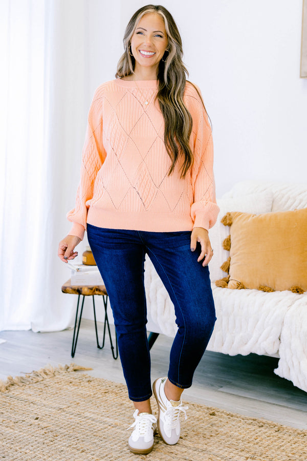 Chic Soul plus size clothing, peach knit long sleeve sweater with diamon stitching patter with bubble sleeves