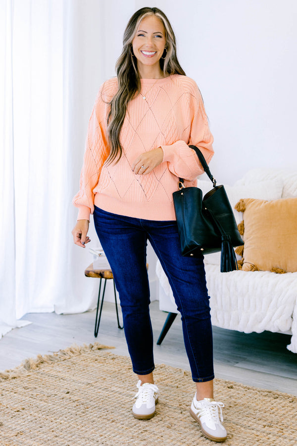 Chic Soul plus size clothing, peach knit long sleeve sweater with diamon stitching patter with bubble sleeves