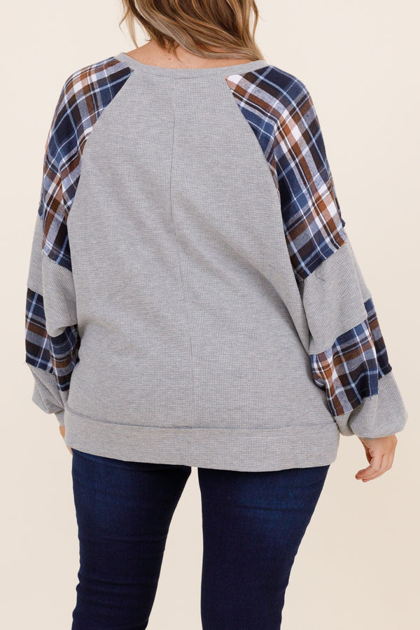 Chic Soul plus size clothing, gray sweater with blue and brown plaid pattern sleeves