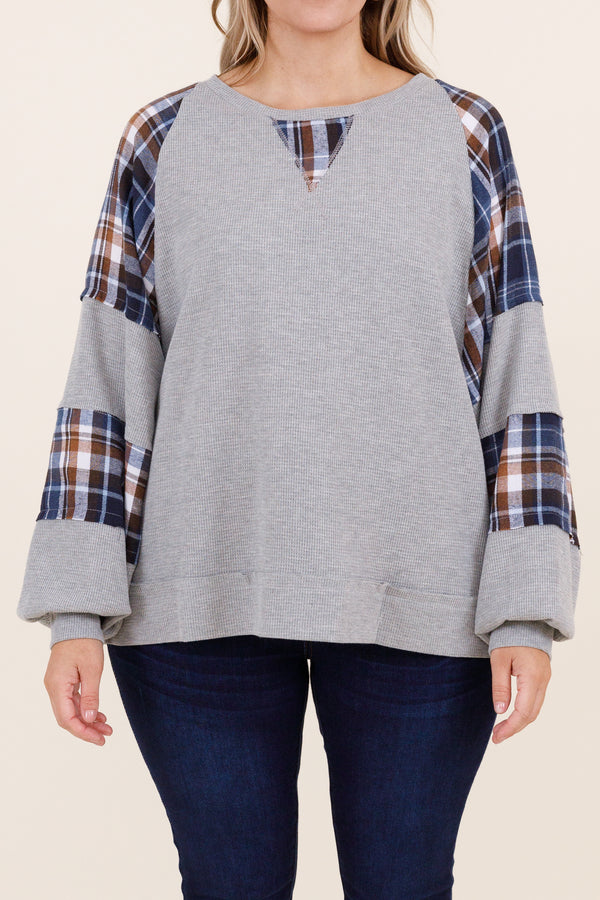 Chic Soul plus size clothing, gray sweater with blue and brown plaid pattern sleeves